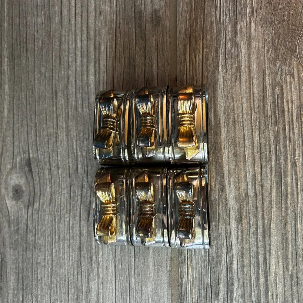 Set of 6 Silver Napkin Rings Gold Bow‎ Accent Table Setting Decor